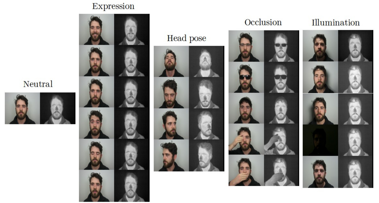 Figure 3: Illustration of visible and thermal images for various facial variations.